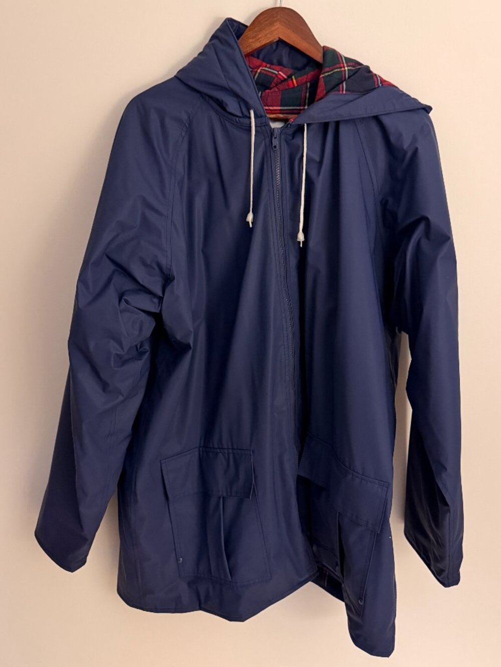 Vintage Misty Harbor Navy Rain Slicker with Plaid Cotton Lining, Size XL, Excell